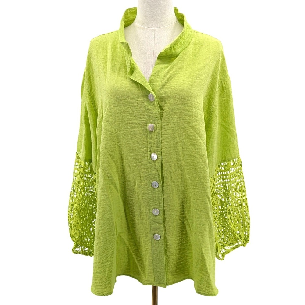 John Mark Wired Collar Tunic Blouse Lace Sleeve Lime Green Boho 3X